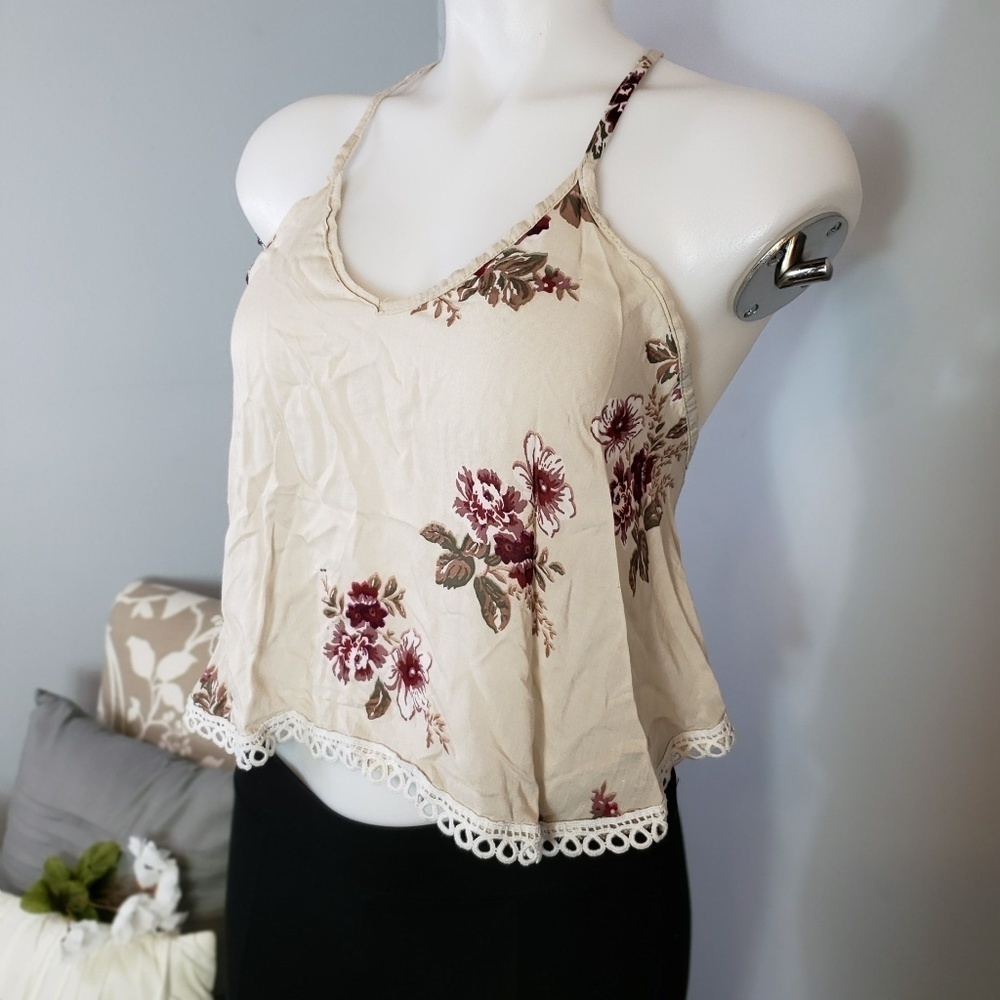 AEO Floral print crochet strappy crop top open bac